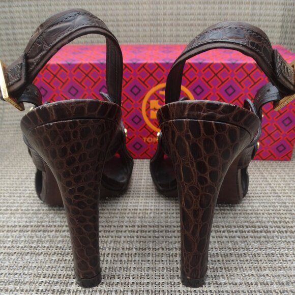 TORY BURCH 9M NAOMI Brown Croc Embossed Leather Slingback Heels - Picture 8 of 9
